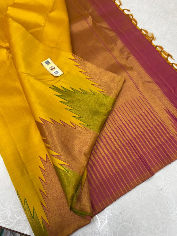 Mustard Yellow Korvai Temple Border Kanchipuram Silk Saree