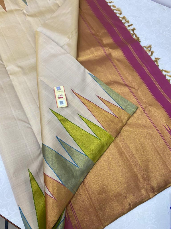 Half White Korvai Temple Border Kanchipuram Silk Saree