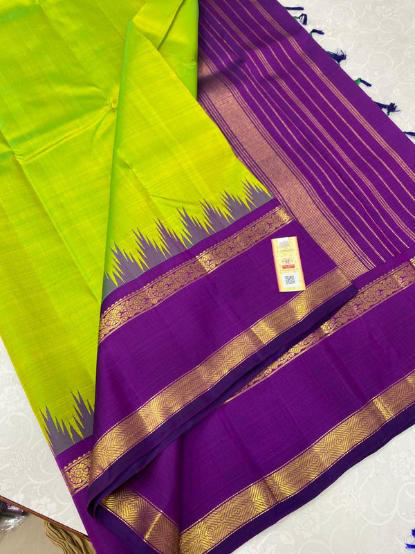 Yellowish Green Korvai Temple Border Handloom Kanchipuram Silk Saree