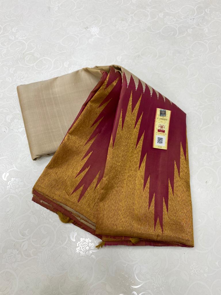 Half White Korvai Contrast Temple Border Kanchipuram Silk Saree