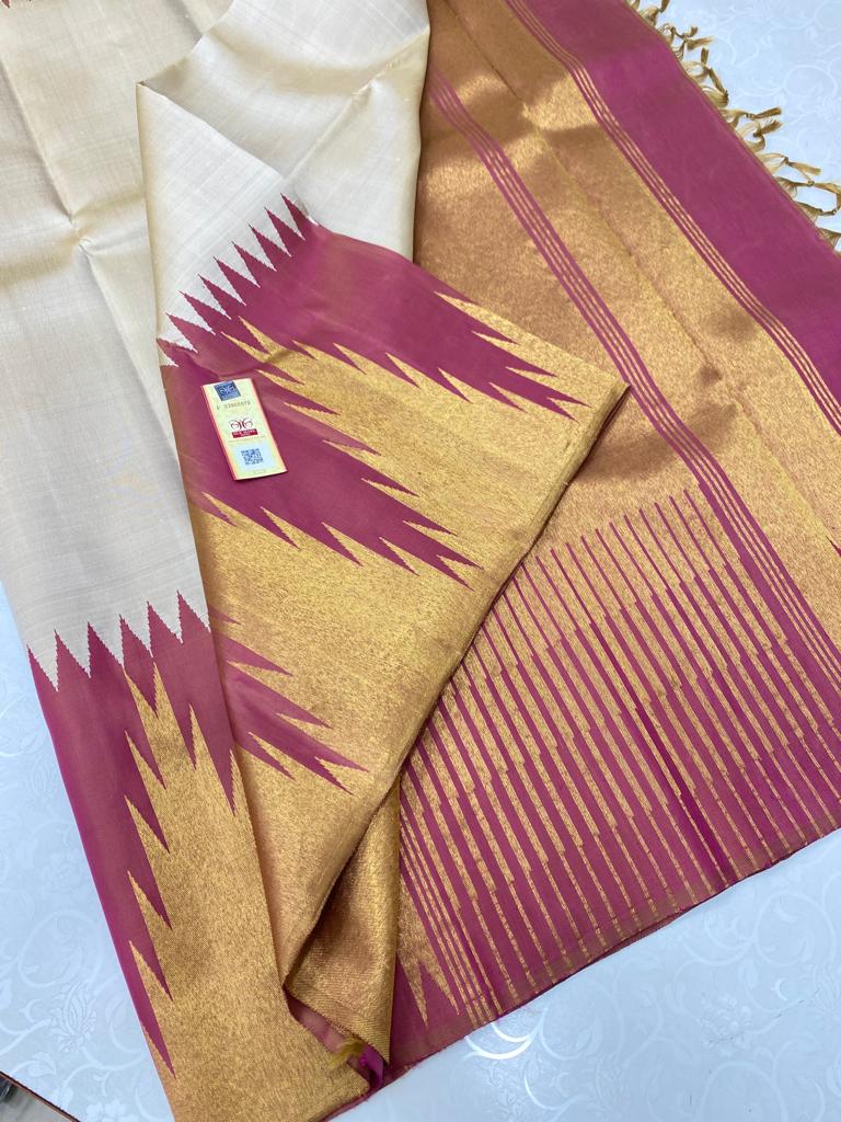 Half White Korvai Contrast Temple Border Kanchipuram Silk Saree