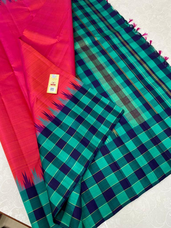 Pink Korvai Multi Color Weaving Temple Border Kanchipuram Silk Saree