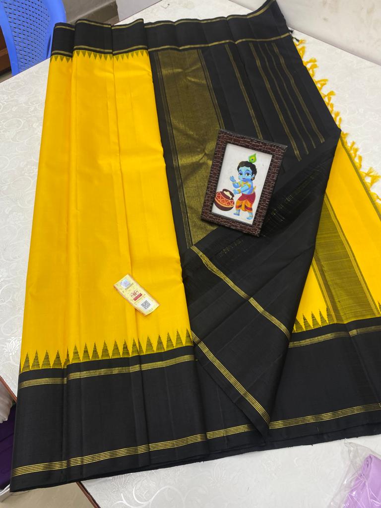 Yellow Kanchipuram Korvai Temple Border Sarees Collection