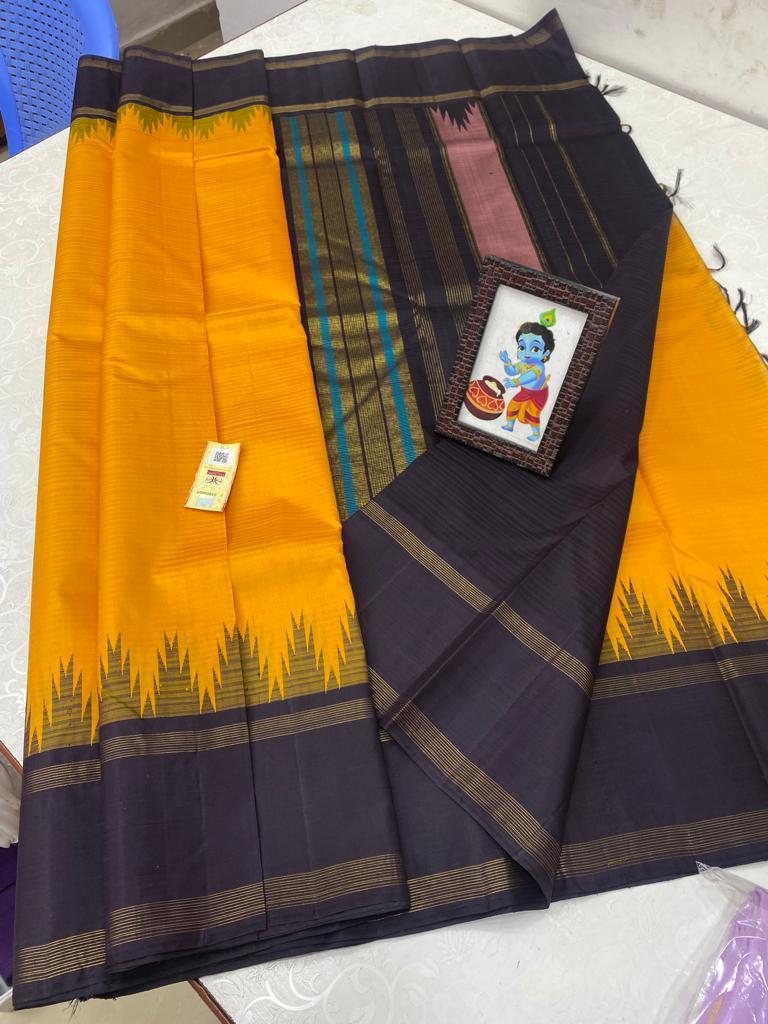 Yellow Kanchipuram Korvai Temple Border Sarees Collection