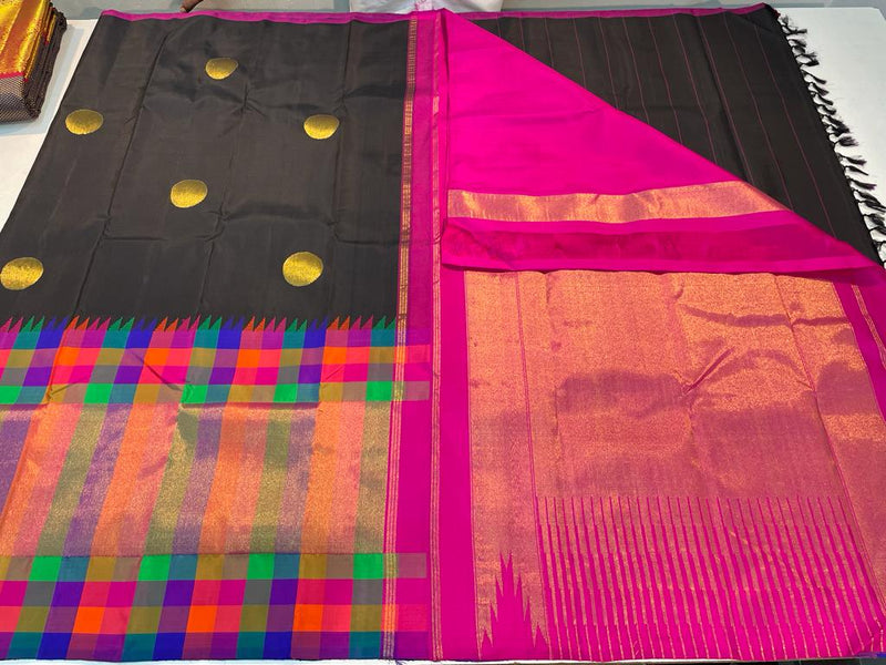 Black Kanchipuram Silk Saree with Multicolor Temple Border