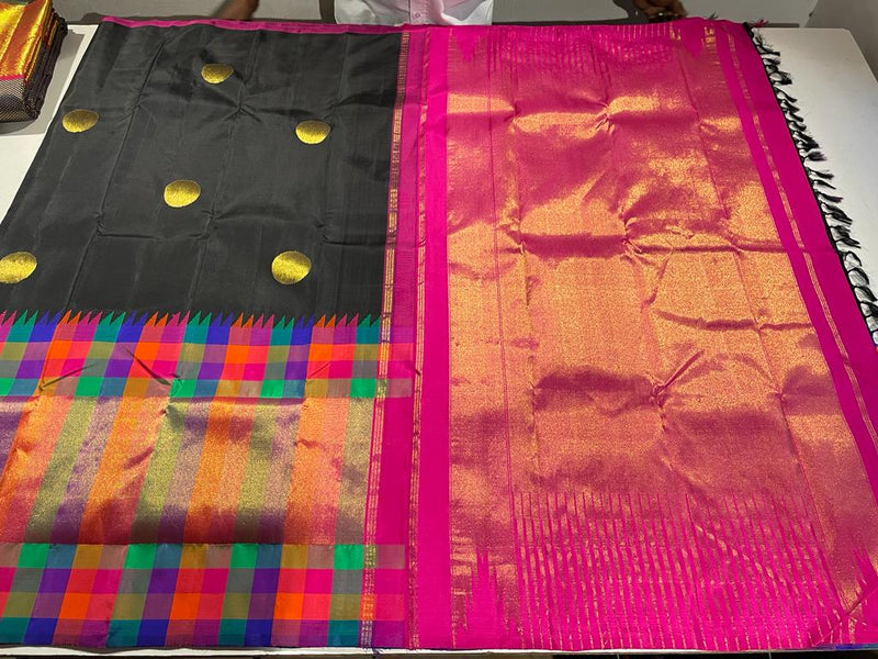 Black Kanchipuram Silk Saree with Multicolor Temple Border