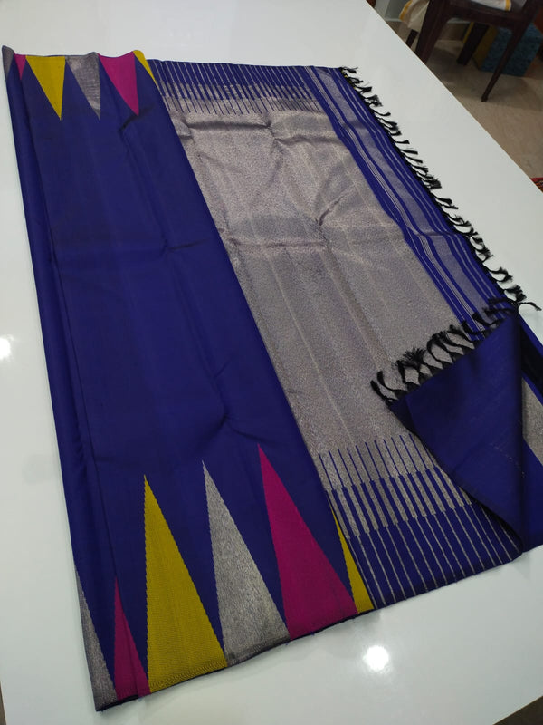 Navy Blue Korvai Temple Border Handloom Kanchipuram Silk Saree