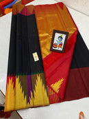 Black Traditional Korvai Multicolor Temple Border Handloom Kanchipuram Silk Saree