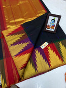 Black Traditional Korvai Multicolor Temple Border Handloom Kanchipuram Silk Saree
