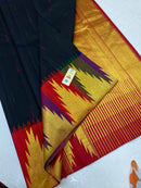 Black Traditional Korvai Multicolor Temple Border Handloom Kanchipuram Silk Saree