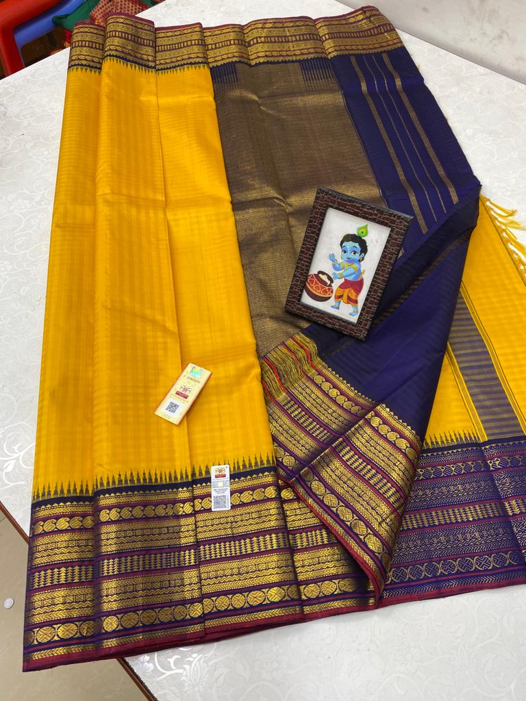 Yellow Korvai Kanchipuram Temple Border Silk Saree