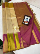 Half White Sandal Traditional Korvai Multicolor Temple Border Handloom Kanchipuram Silk Saree