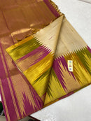 Half White Sandal Traditional Korvai Multicolor Temple Border Handloom Kanchipuram Silk Saree