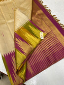 Half White Sandal Traditional Korvai Multicolor Temple Border Handloom Kanchipuram Silk Saree