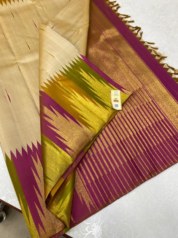Half White Sandal Traditional Korvai Multicolor Temple Border Handloom Kanchipuram Silk Saree