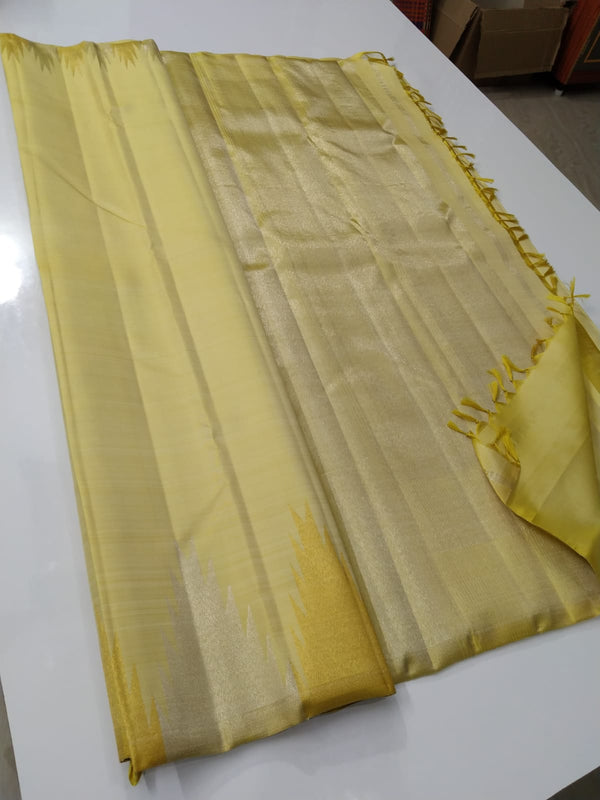 Pastel Golden Yellow Temple Border Kanchipuram Silk Saree