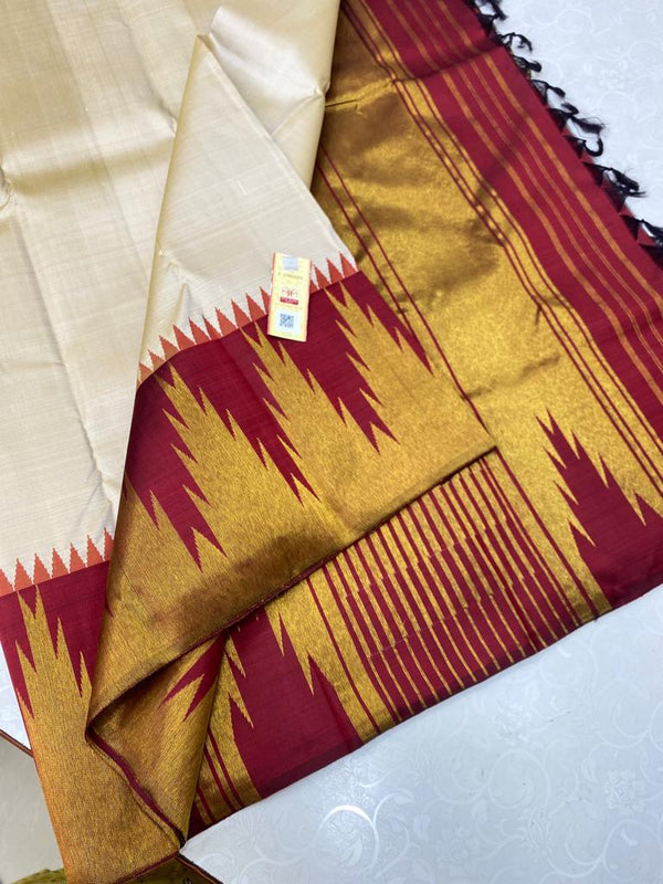 Half White Korvai Contrast Temple Border Kanchipuram Silk Saree