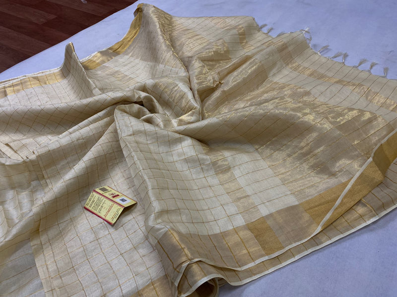 Cream Tussar Silk Saree with Zari Checks