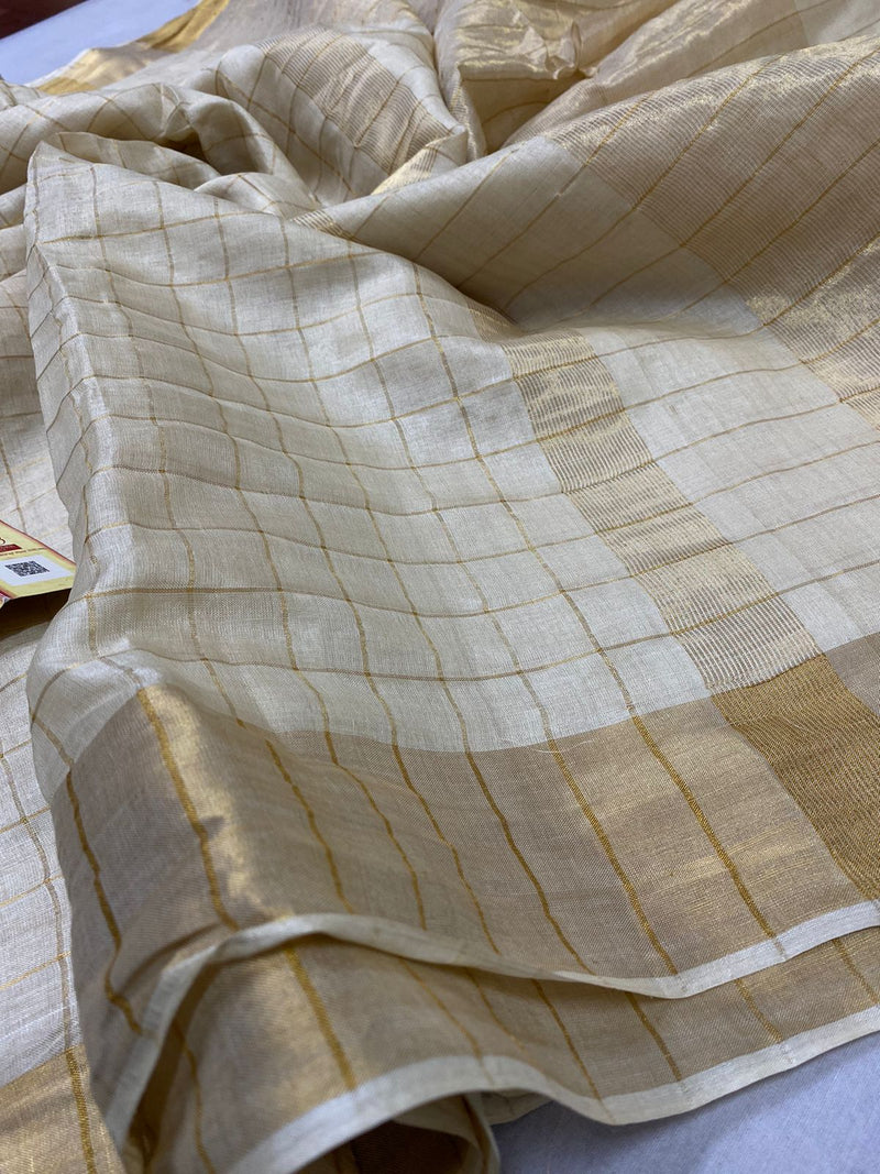 Cream Tussar Silk Saree with Zari Checks