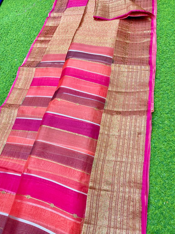 Multicolour Rangkat Style Pure Banarasi Kora Organza Silk Saree