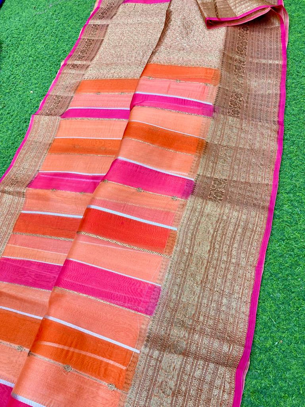 Multicolour Rangkat Style Pure Banarasi Kora Organza Silk Saree
