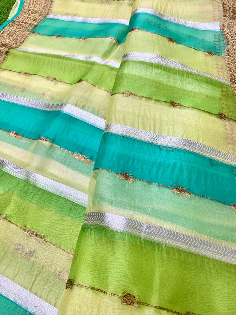 Multicolour Rangkat Style Pure Banarasi Kora Organza Silk Saree