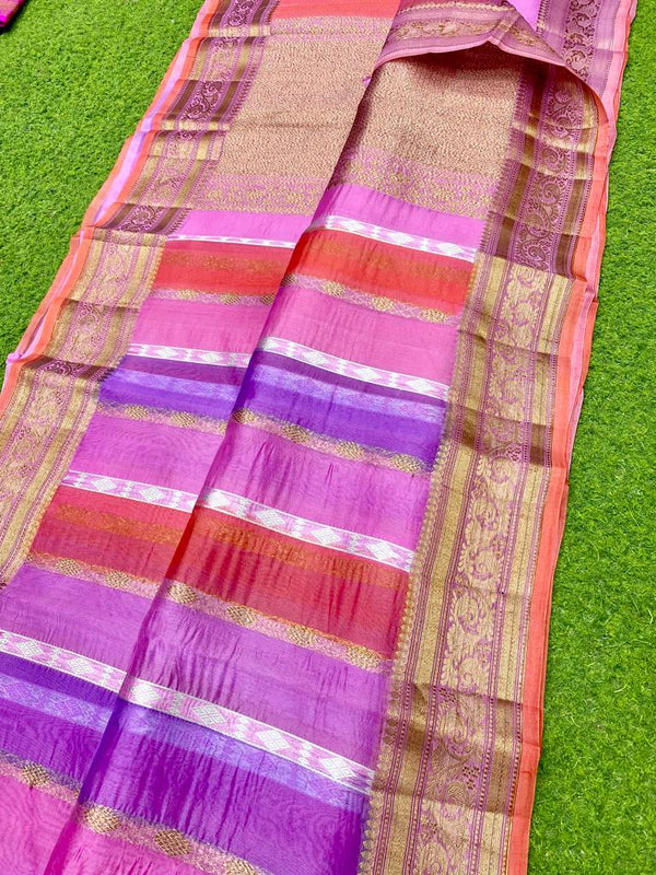 Multicolour Rangkat Style Pure Banarasi Kora Organza Silk Saree