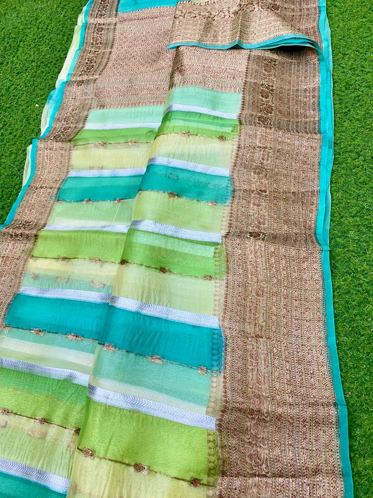 Multicolour Rangkat Style Pure Banarasi Kora Organza Silk Saree