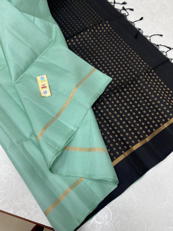 Plain Pastel Blue Soft Silk Saree with Contrast Designer Pallu & Blouse