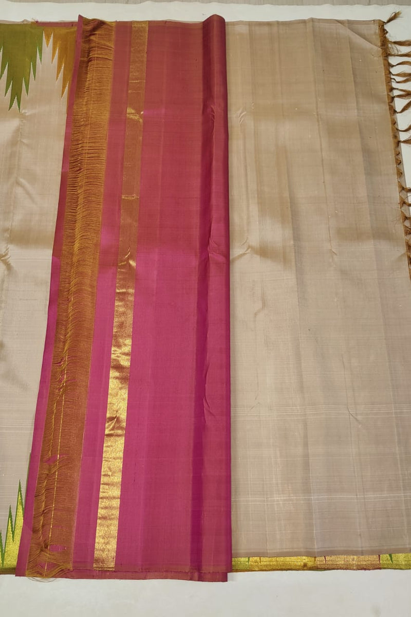 Half White Korvai Temple Border Pure Kanchipuram Silk Saree