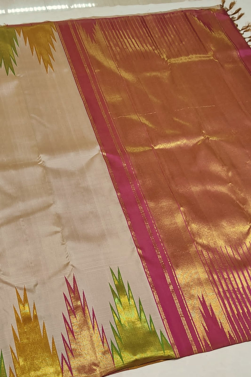 Half White Korvai Temple Border Pure Kanchipuram Silk Saree