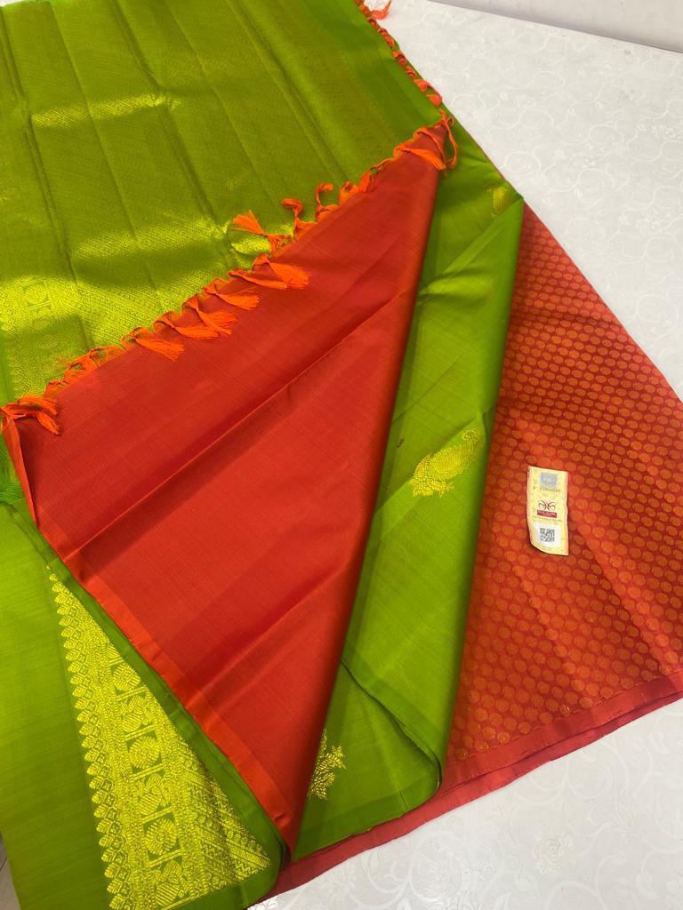 Orange Patil Pallu Pattern Handloom Kanchipuram Silk Saree