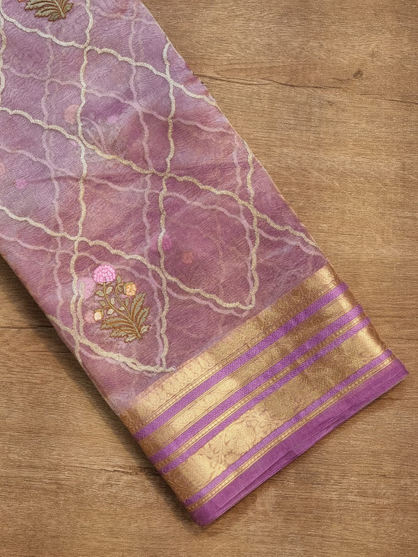Pink Lavender Shade Tissue Silk Embroidery Jal Sarees Sarees With Katan Banarasi Border