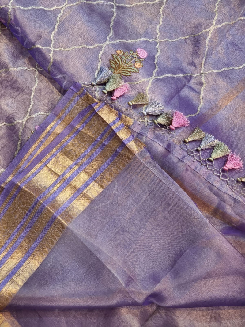 Lavender Shade Tissue Silk Embroidery Jal Sarees Sarees With Katan Banarasi Border