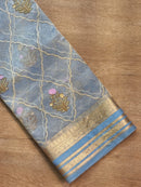 Blue Tissue Silk Embroidery Jal Sarees Sarees With Katan Banarasi Border