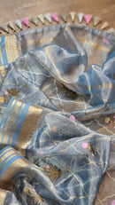 Blue Tissue Silk Embroidery Jal Sarees Sarees With Katan Banarasi Border
