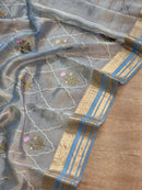 Blue Tissue Silk Embroidery Jal Sarees Sarees With Katan Banarasi Border