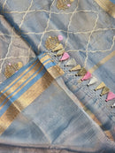 Blue Tissue Silk Embroidery Jal Sarees Sarees With Katan Banarasi Border