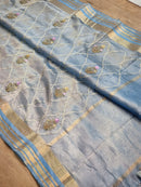 Blue Tissue Silk Embroidery Jal Sarees Sarees With Katan Banarasi Border