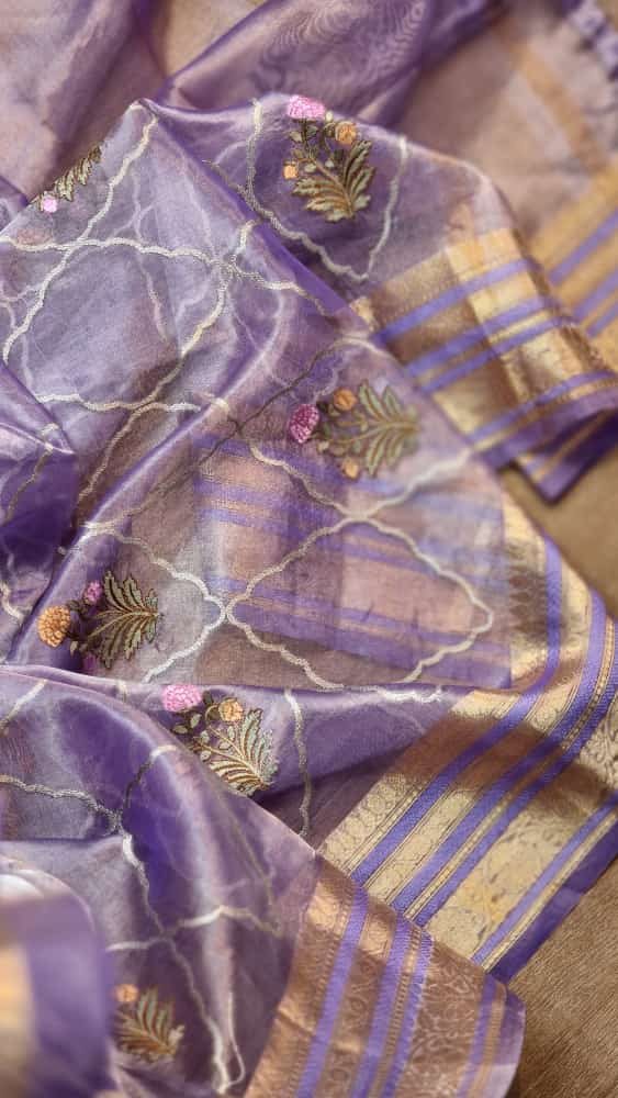 Lavender Shade Tissue Silk Embroidery Jal Sarees Sarees With Katan Banarasi Border