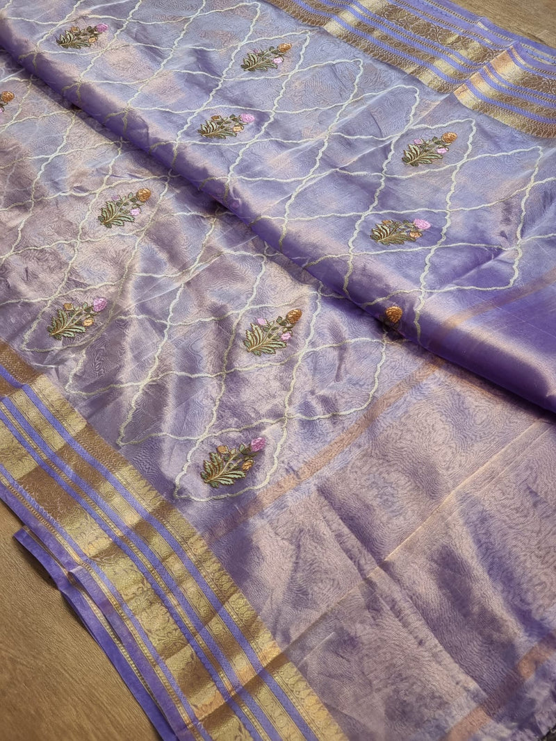 Lavender Shade Tissue Silk Embroidery Jal Sarees Sarees With Katan Banarasi Border