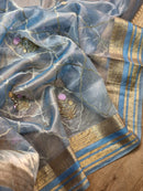 Blue Tissue Silk Embroidery Jal Sarees Sarees With Katan Banarasi Border