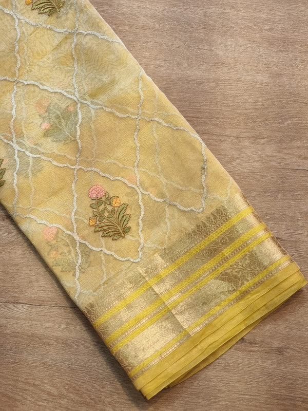 Yellow Tissue Silk Embroidery Jal Sarees Sarees With Katan Banarasi Border