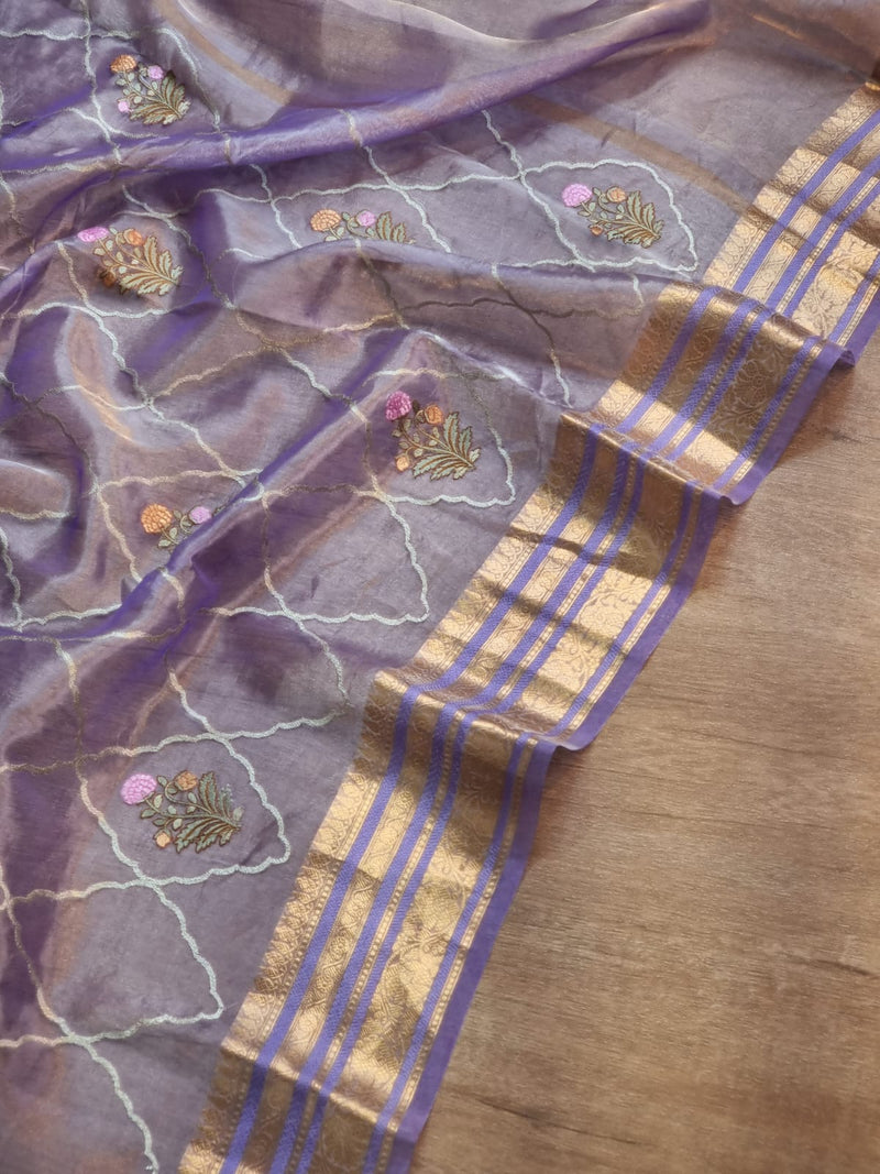 Lavender Shade Tissue Silk Embroidery Jal Sarees Sarees With Katan Banarasi Border