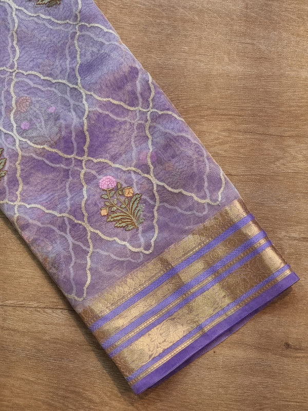 Lavender Shade Tissue Silk Embroidery Jal Sarees Sarees With Katan Banarasi Border