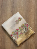 Half White Organza Embroidery Pichwai Border Butta  Saree