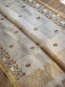 Half White Organza Embroidery Pichwai Border Butta  Saree