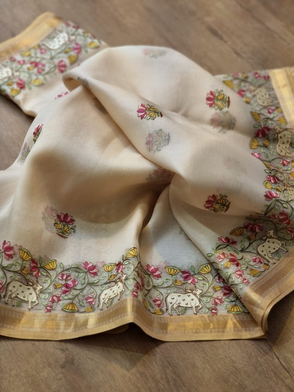 Half White Organza Embroidery Pichwai Border Butta  Saree
