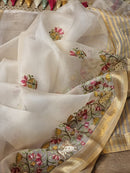 Half White Organza Embroidery Pichwai Border Butta  Saree