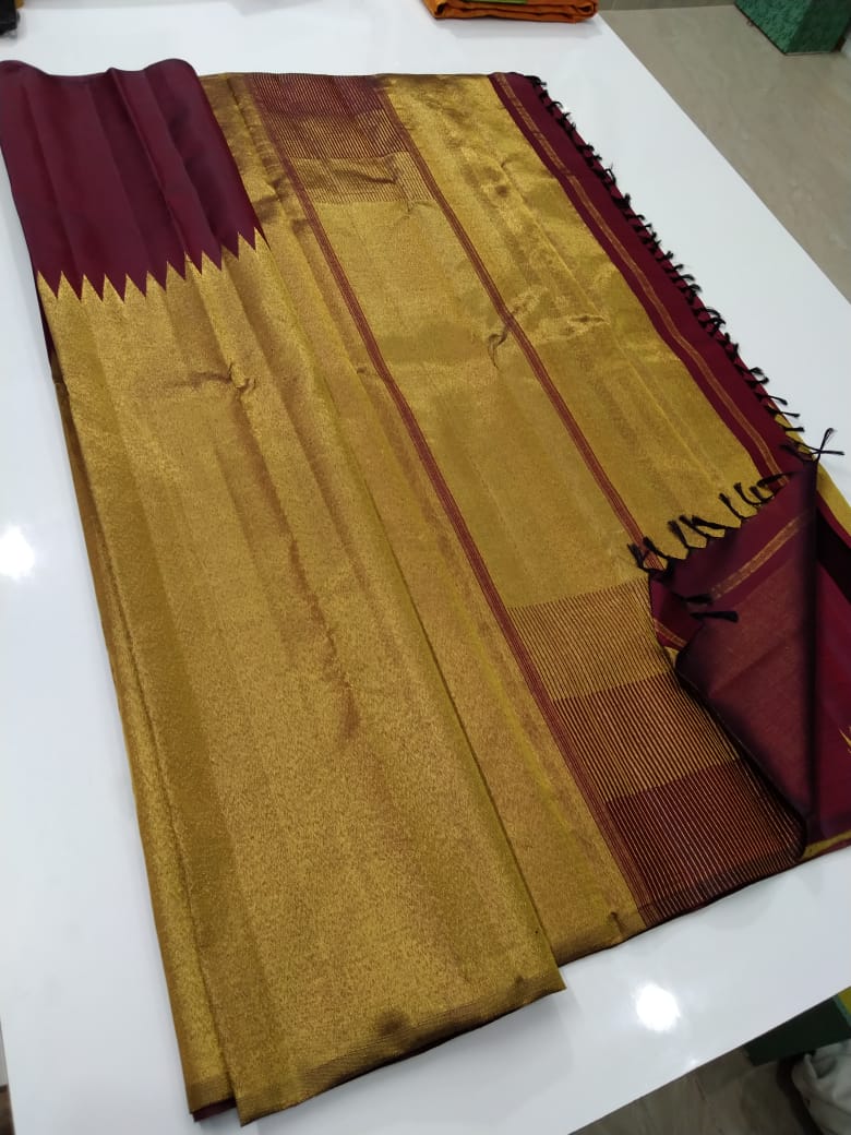 Maroon Raising Temple Border Kanchipuram Silk Saree